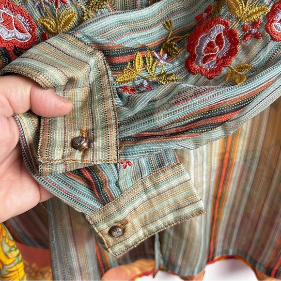 Aratta Silent Journey Sheer Striped Embroidered Button Front Top Size M - Picture 4 of 9